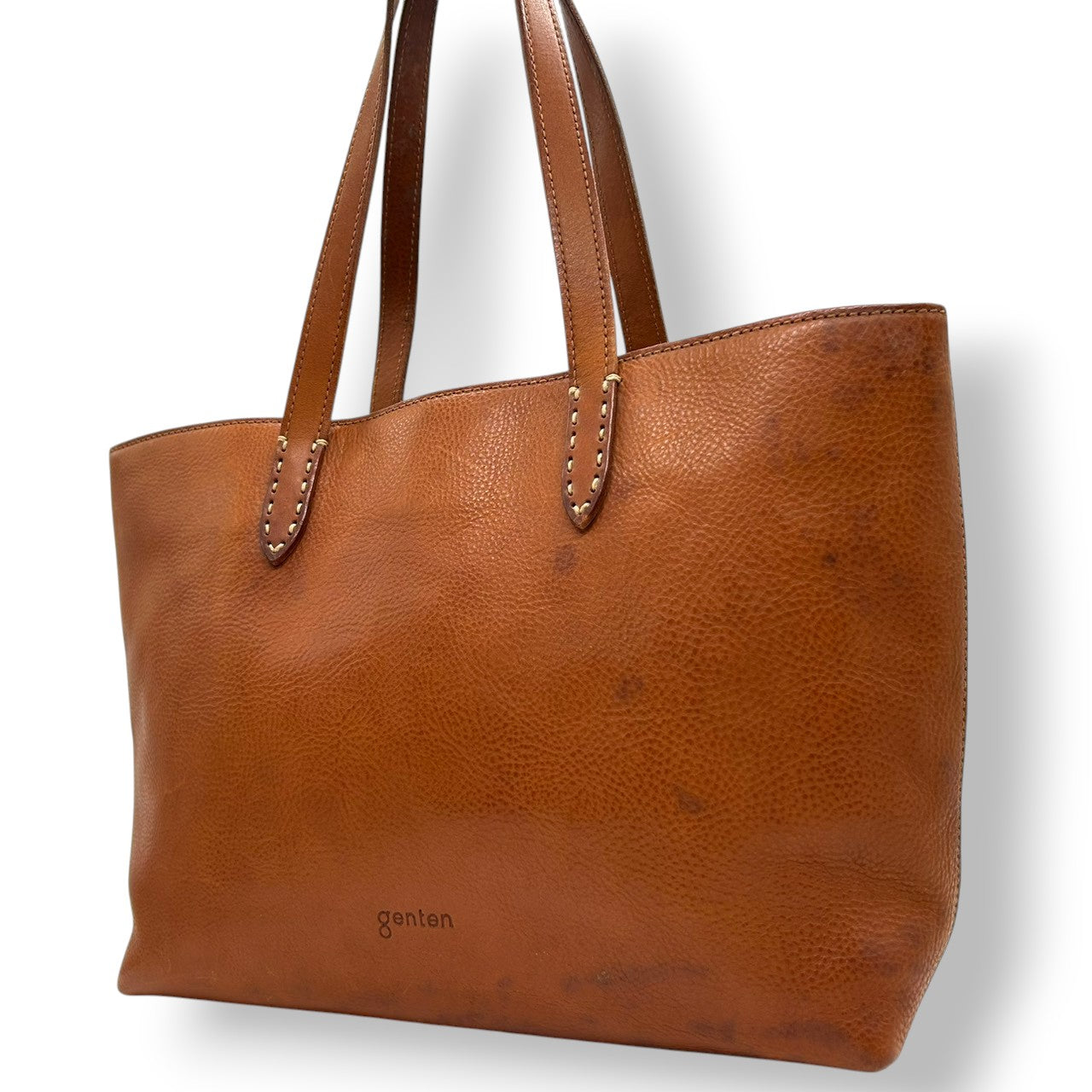 【genten】ゲンテン トートバッグ ワンショルダー A4収納可 自立可 大容量 本革 レザー シボ革 ブラウン キャメル系 レディース ナチュラル カジュアル ビジネス 通勤通学 ステッチデザイン 人気モデル クリーニング済み s67