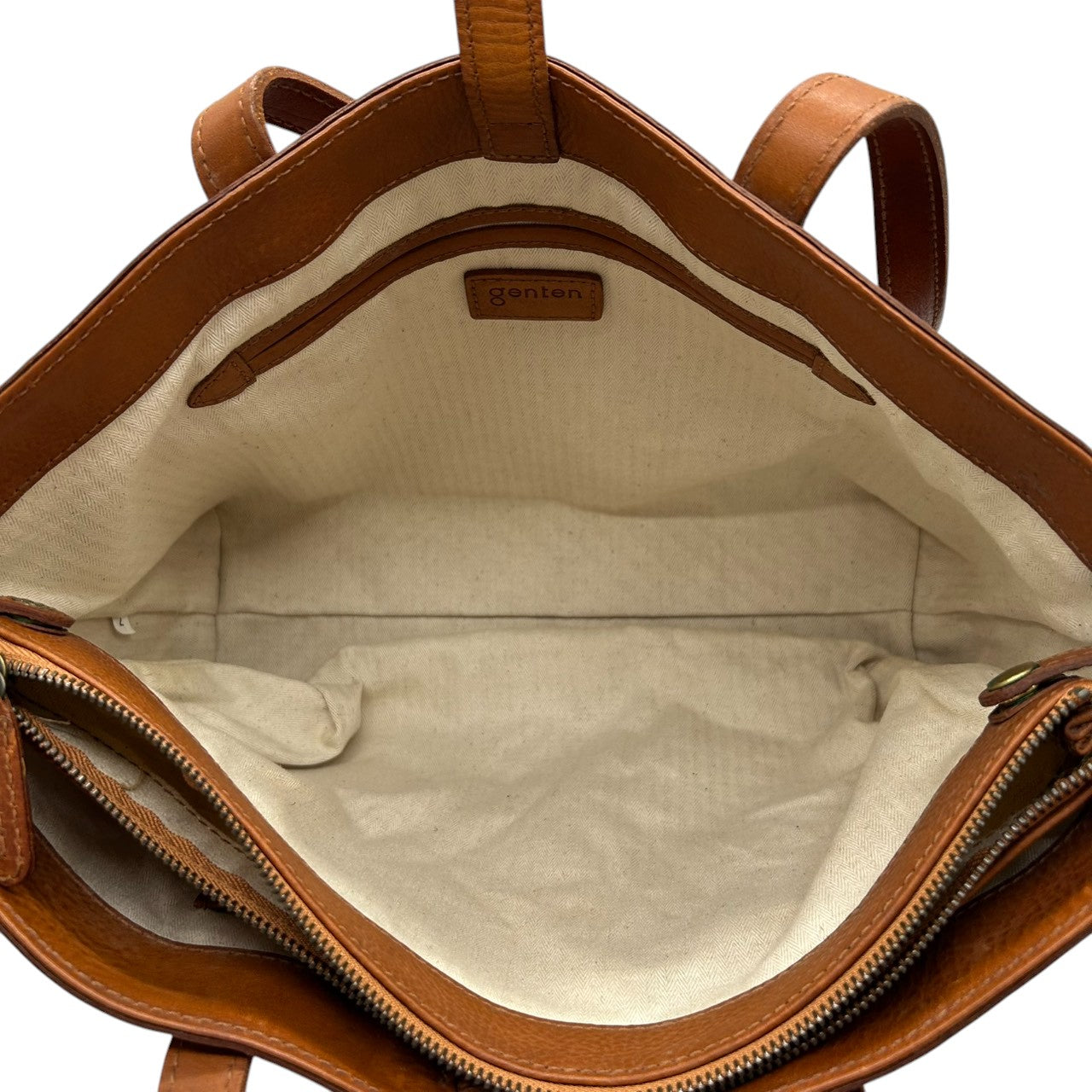【genten】ゲンテン トートバッグ ワンショルダー A4収納可 自立可 大容量 本革 レザー シボ革 ブラウン キャメル系 レディース ナチュラル カジュアル ビジネス 通勤通学 ステッチデザイン 人気モデル クリーニング済み s67