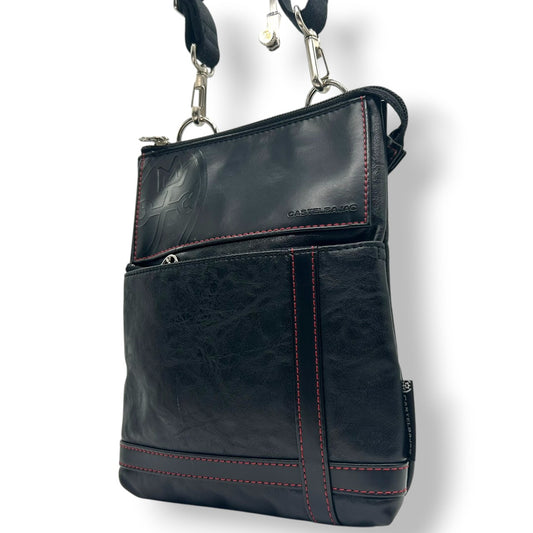 【美品】カステルバジャック ショルダーバッグ ポシェット レザー 本革 ブラック レッドステッチ ロゴ 型押し メンズ レディース ユニセックス 斜め掛け可 コンパクト 軽量 ミニショルダー カジュアル クリーニング済み 61153 U8