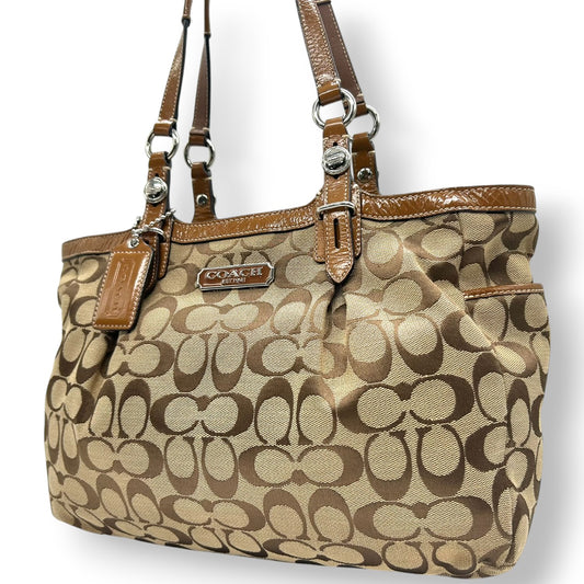 コーチ トートバッグ シグネチャー キャンバス レザー ブラウン F15146 A4収納可 肩掛け ワンショルダー 通勤 通学 レディース ハンドバッグ チャーム付き エレガント クラシックデザイン クリーニング済み s63