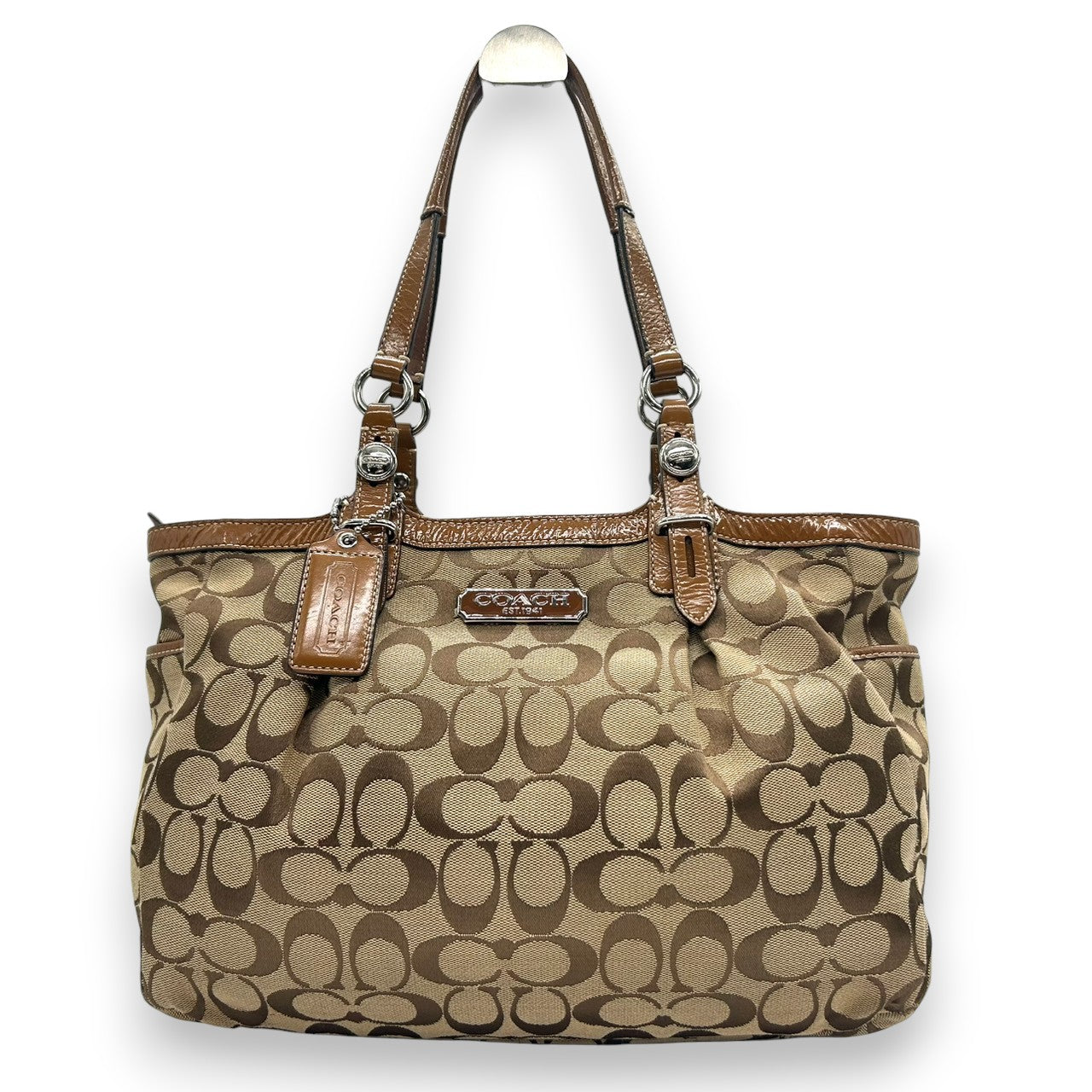 コーチ トートバッグ シグネチャー キャンバス レザー ブラウン F15146 A4収納可 肩掛け ワンショルダー 通勤 通学 レディース ハンドバッグ チャーム付き エレガント クラシックデザイン クリーニング済み s63