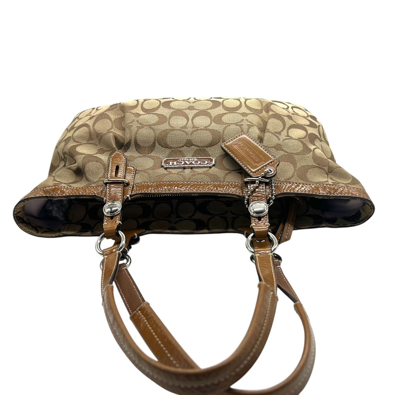 コーチ トートバッグ シグネチャー キャンバス レザー ブラウン F15146 A4収納可 肩掛け ワンショルダー 通勤 通学 レディース ハンドバッグ チャーム付き エレガント クラシックデザイン クリーニング済み s63