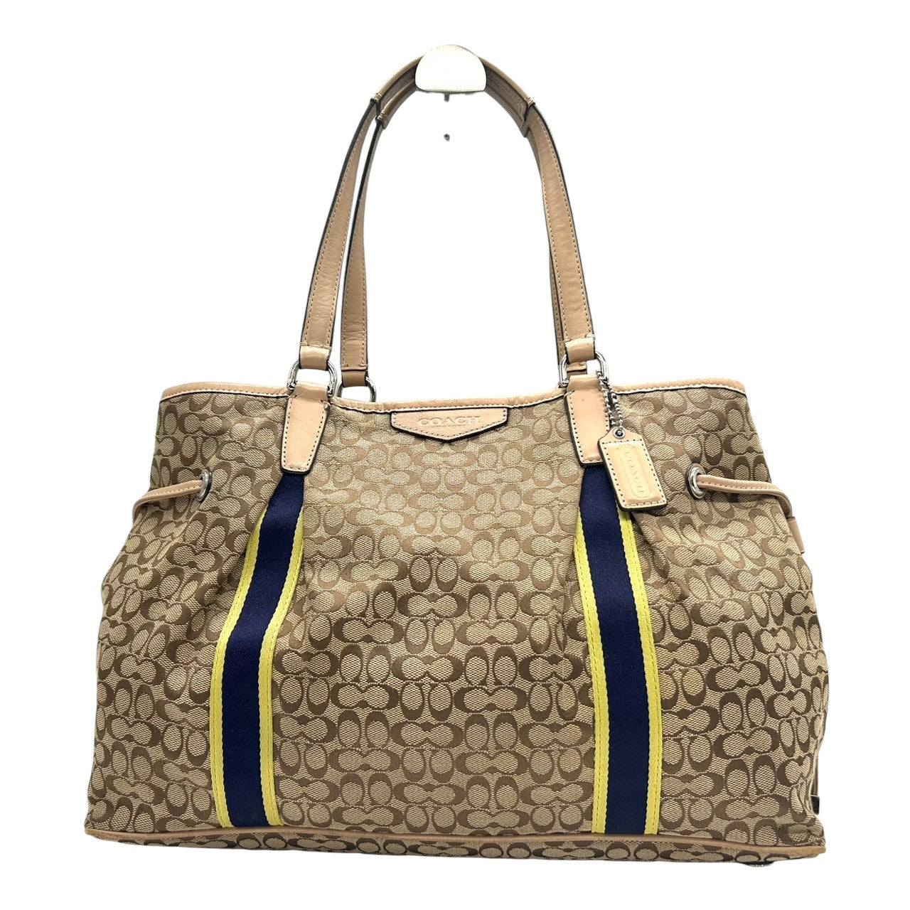 コーチ トートバッグ シグネチャー ストライプ キャンバス レザー ベージュ F26130 巾着型 ドローストリング A4収納可 肩掛け ワンショルダー 大容量 レディース ハンドバッグ 通勤 通学 チャーム付き クリーニング済み s63