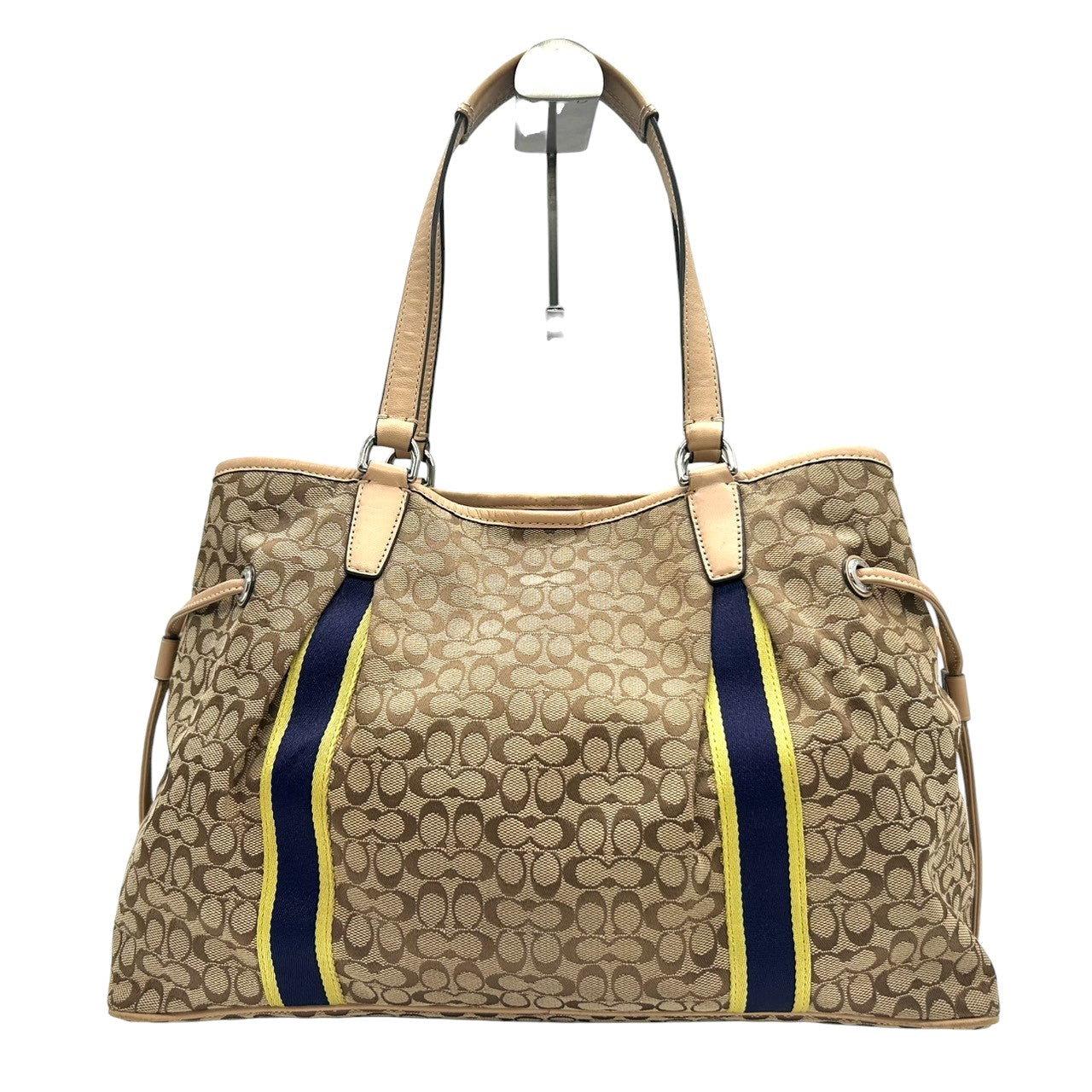 コーチ トートバッグ シグネチャー ストライプ キャンバス レザー ベージュ F26130 巾着型 ドローストリング A4収納可 肩掛け ワンショルダー 大容量 レディース ハンドバッグ 通勤 通学 チャーム付き クリーニング済み s63