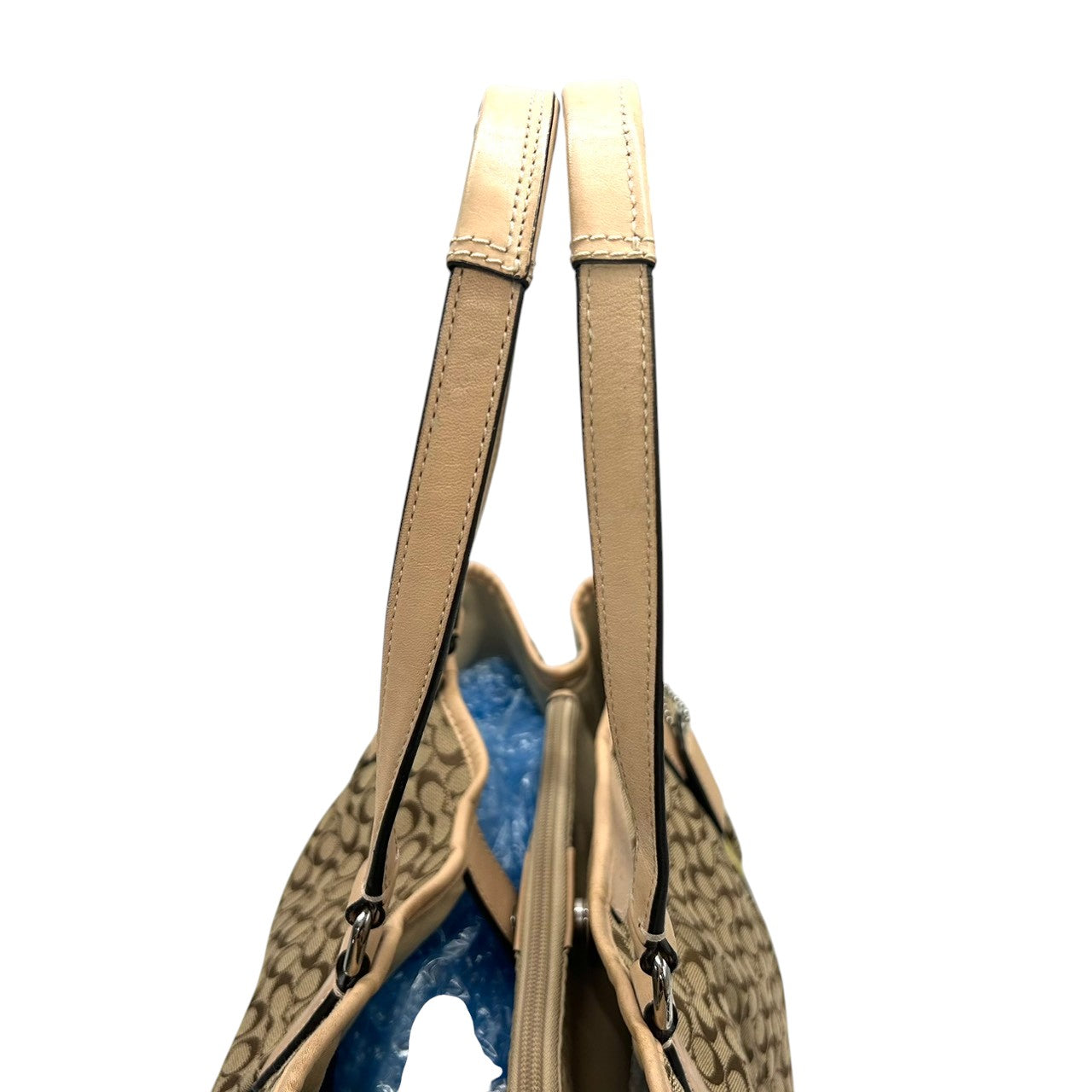 コーチ トートバッグ シグネチャー ストライプ キャンバス レザー ベージュ F26130 巾着型 ドローストリング A4収納可 肩掛け ワンショルダー 大容量 レディース ハンドバッグ 通勤 通学 チャーム付き クリーニング済み s63