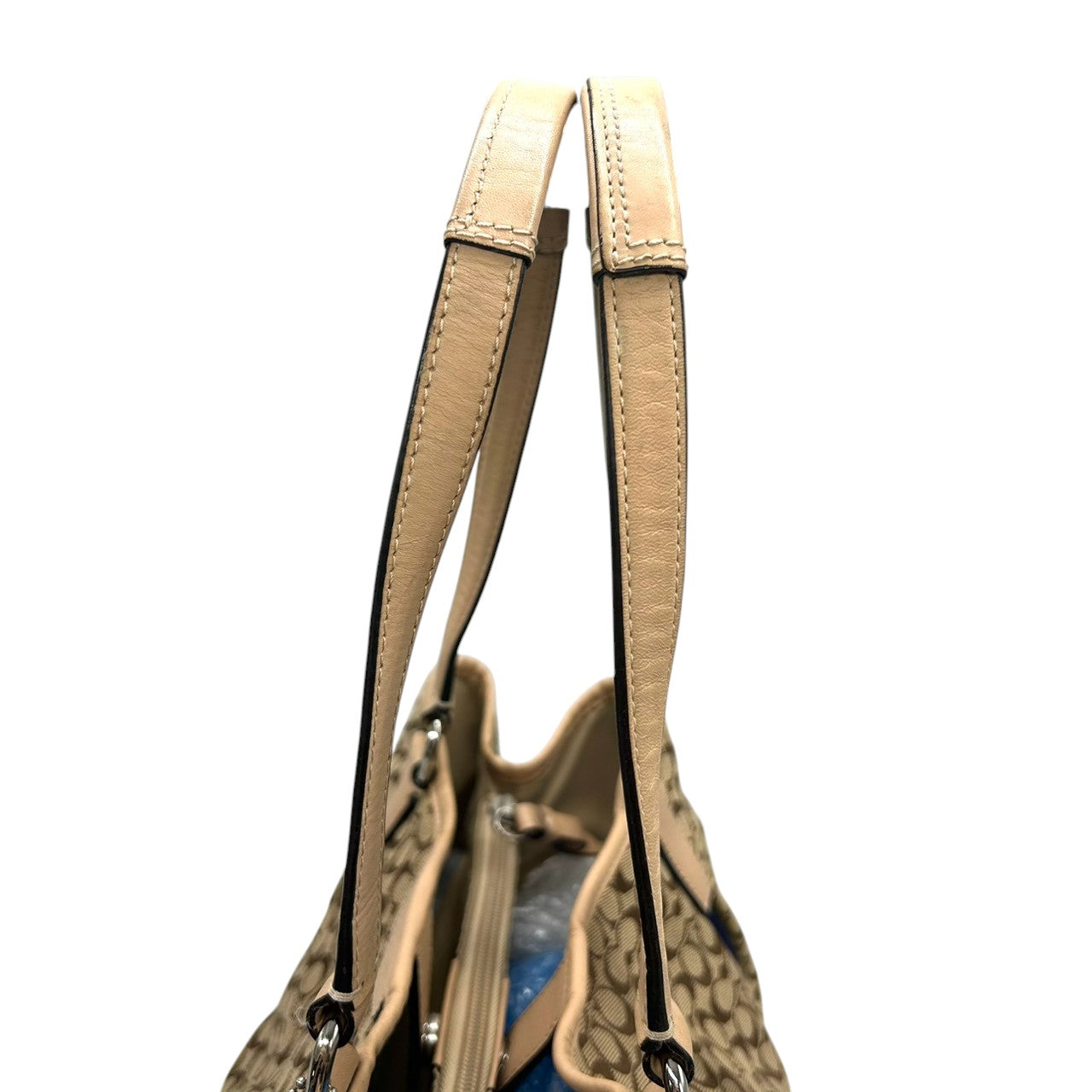 コーチ トートバッグ シグネチャー ストライプ キャンバス レザー ベージュ F26130 巾着型 ドローストリング A4収納可 肩掛け ワンショルダー 大容量 レディース ハンドバッグ 通勤 通学 チャーム付き クリーニング済み s63