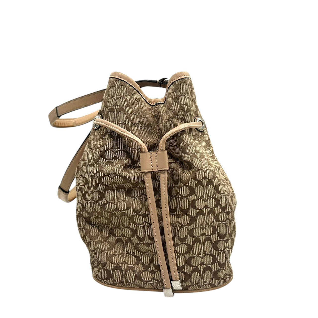 コーチ トートバッグ シグネチャー ストライプ キャンバス レザー ベージュ F26130 巾着型 ドローストリング A4収納可 肩掛け ワンショルダー 大容量 レディース ハンドバッグ 通勤 通学 チャーム付き クリーニング済み s63