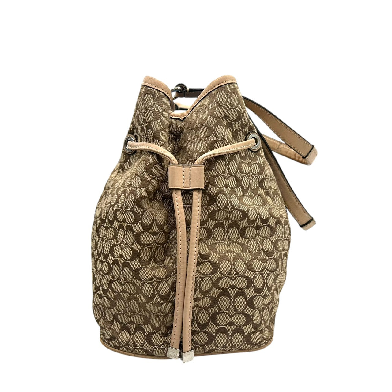 コーチ トートバッグ シグネチャー ストライプ キャンバス レザー ベージュ F26130 巾着型 ドローストリング A4収納可 肩掛け ワンショルダー 大容量 レディース ハンドバッグ 通勤 通学 チャーム付き クリーニング済み s63