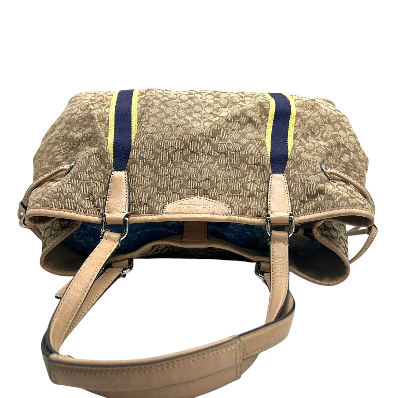 コーチ トートバッグ シグネチャー ストライプ キャンバス レザー ベージュ F26130 巾着型 ドローストリング A4収納可 肩掛け ワンショルダー 大容量 レディース ハンドバッグ 通勤 通学 チャーム付き クリーニング済み s63