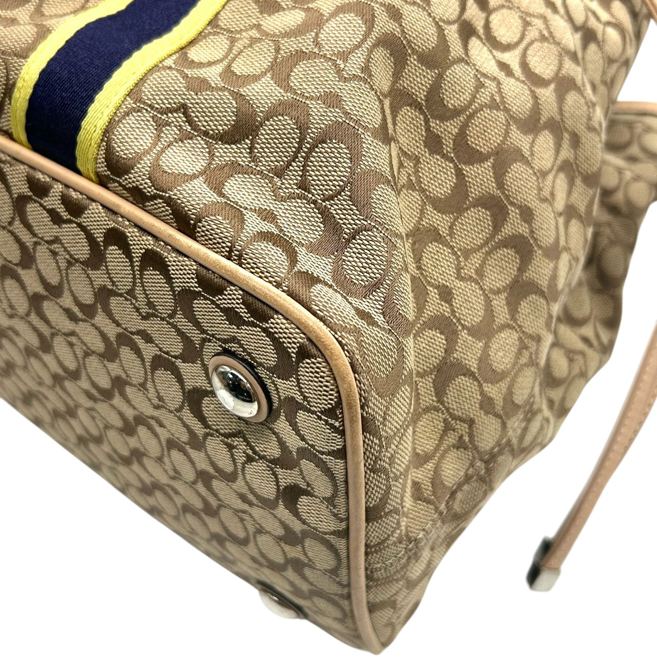 コーチ トートバッグ シグネチャー ストライプ キャンバス レザー ベージュ F26130 巾着型 ドローストリング A4収納可 肩掛け ワンショルダー 大容量 レディース ハンドバッグ 通勤 通学 チャーム付き クリーニング済み s63