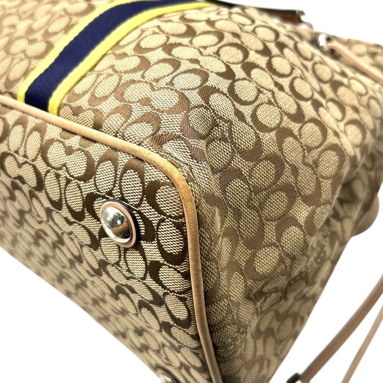 コーチ トートバッグ シグネチャー ストライプ キャンバス レザー ベージュ F26130 巾着型 ドローストリング A4収納可 肩掛け ワンショルダー 大容量 レディース ハンドバッグ 通勤 通学 チャーム付き クリーニング済み s63