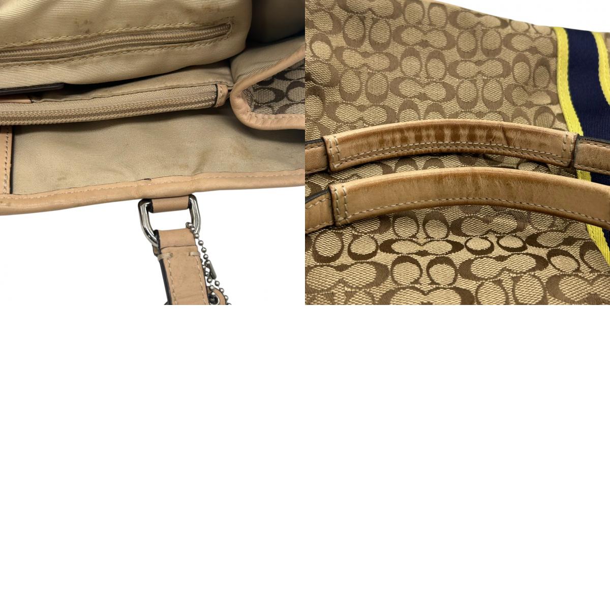 コーチ トートバッグ シグネチャー ストライプ キャンバス レザー ベージュ F26130 巾着型 ドローストリング A4収納可 肩掛け ワンショルダー 大容量 レディース ハンドバッグ 通勤 通学 チャーム付き クリーニング済み s63