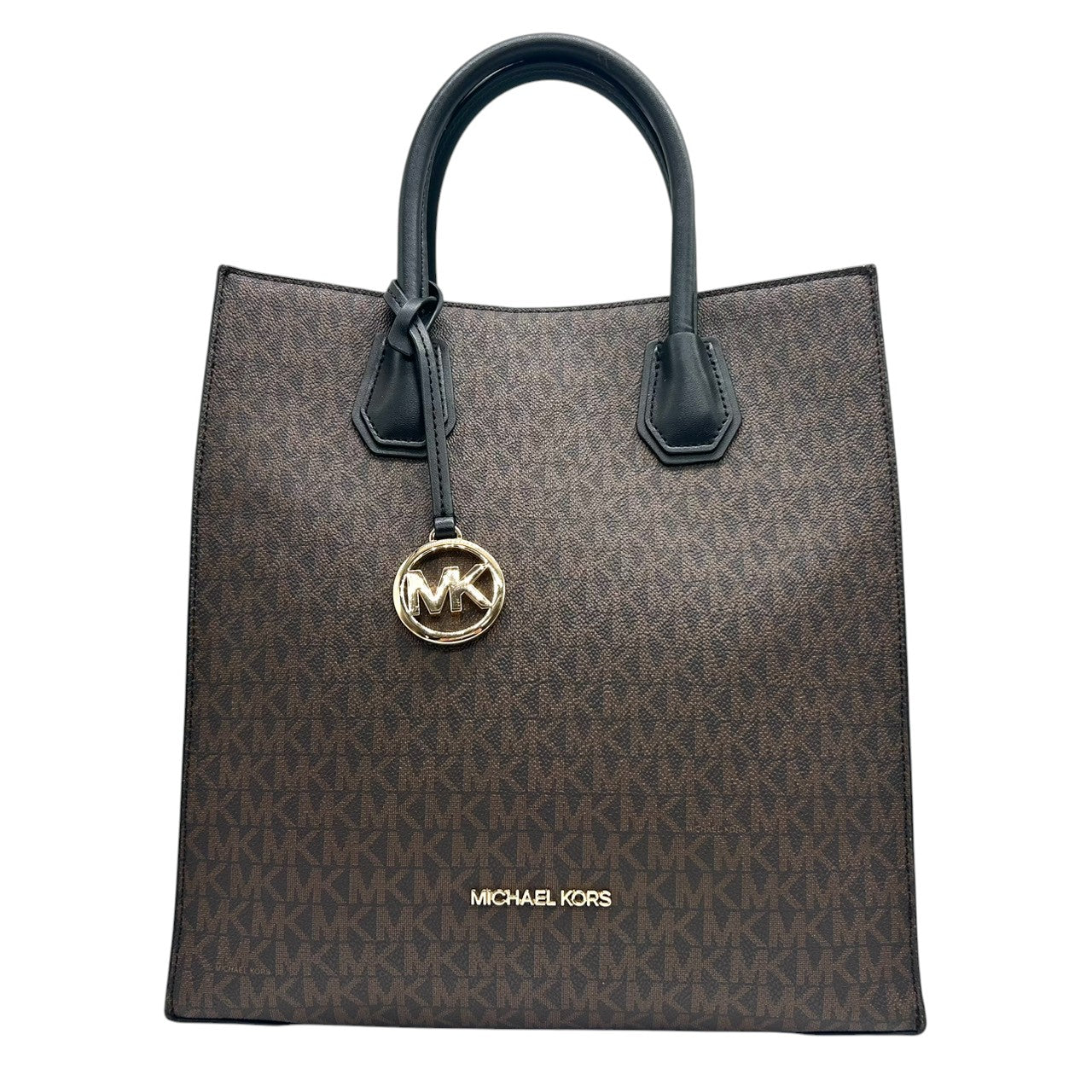 【美品】マイケルコース トートバッグ シグネチャー PVC レザー ブラウン 2WAY ハンドバッグ ショルダーバッグ 斜め掛け可 A4収納可 通勤 通学 MKロゴチャーム付き レディース ビジネス エレガント クリーニング済み 自立可 H