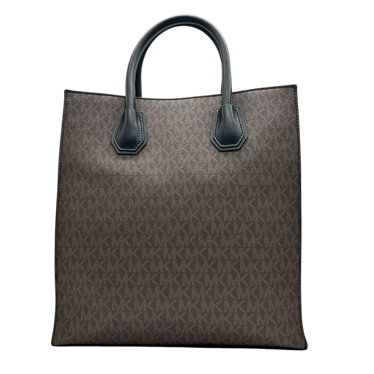 【美品】マイケルコース トートバッグ シグネチャー PVC レザー ブラウン 2WAY ハンドバッグ ショルダーバッグ 斜め掛け可 A4収納可 通勤 通学 MKロゴチャーム付き レディース ビジネス エレガント クリーニング済み 自立可 H