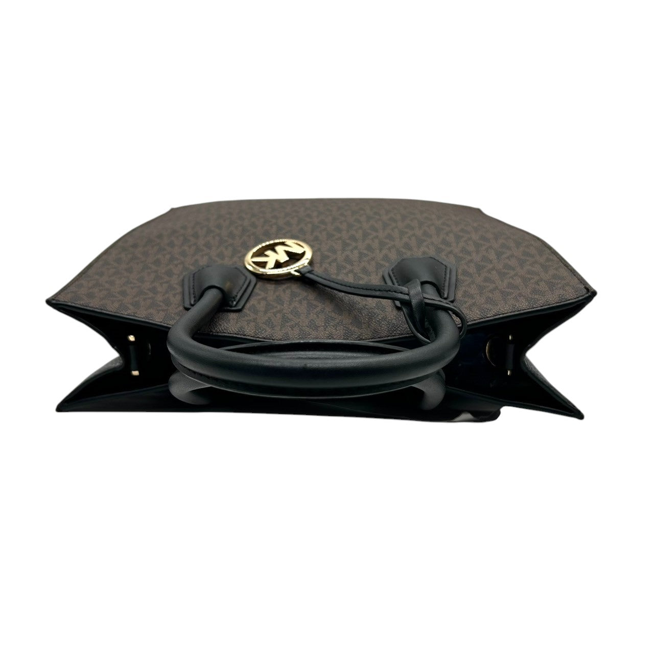 【美品】マイケルコース トートバッグ シグネチャー PVC レザー ブラウン 2WAY ハンドバッグ ショルダーバッグ 斜め掛け可 A4収納可 通勤 通学 MKロゴチャーム付き レディース ビジネス エレガント クリーニング済み 自立可 H