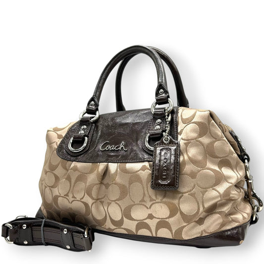 コーチ 2WAY ハンドバッグ F15443 シグネチャー ナイロン パテントレザー ブラウン ミニボストン ショルダーバッグ レディース チャーム付き エレガント クラシックデザイン コンパクトモデル クリーニング済み s26