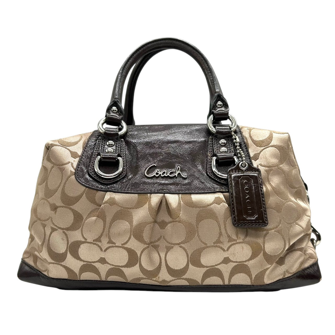 コーチ 2WAY ハンドバッグ F15443 シグネチャー ナイロン パテントレザー ブラウン ミニボストン ショルダーバッグ レディース チャーム付き エレガント クラシックデザイン コンパクトモデル クリーニング済み s26