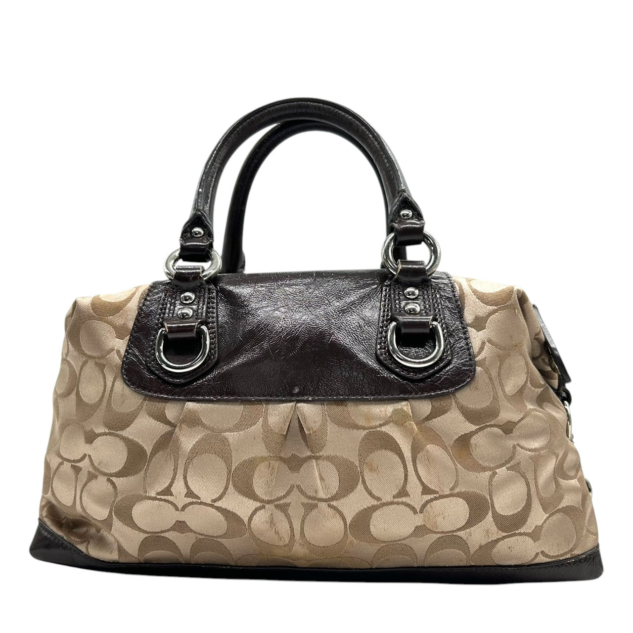 コーチ 2WAY ハンドバッグ F15443 シグネチャー ナイロン パテントレザー ブラウン ミニボストン ショルダーバッグ レディース チャーム付き エレガント クラシックデザイン コンパクトモデル クリーニング済み s26