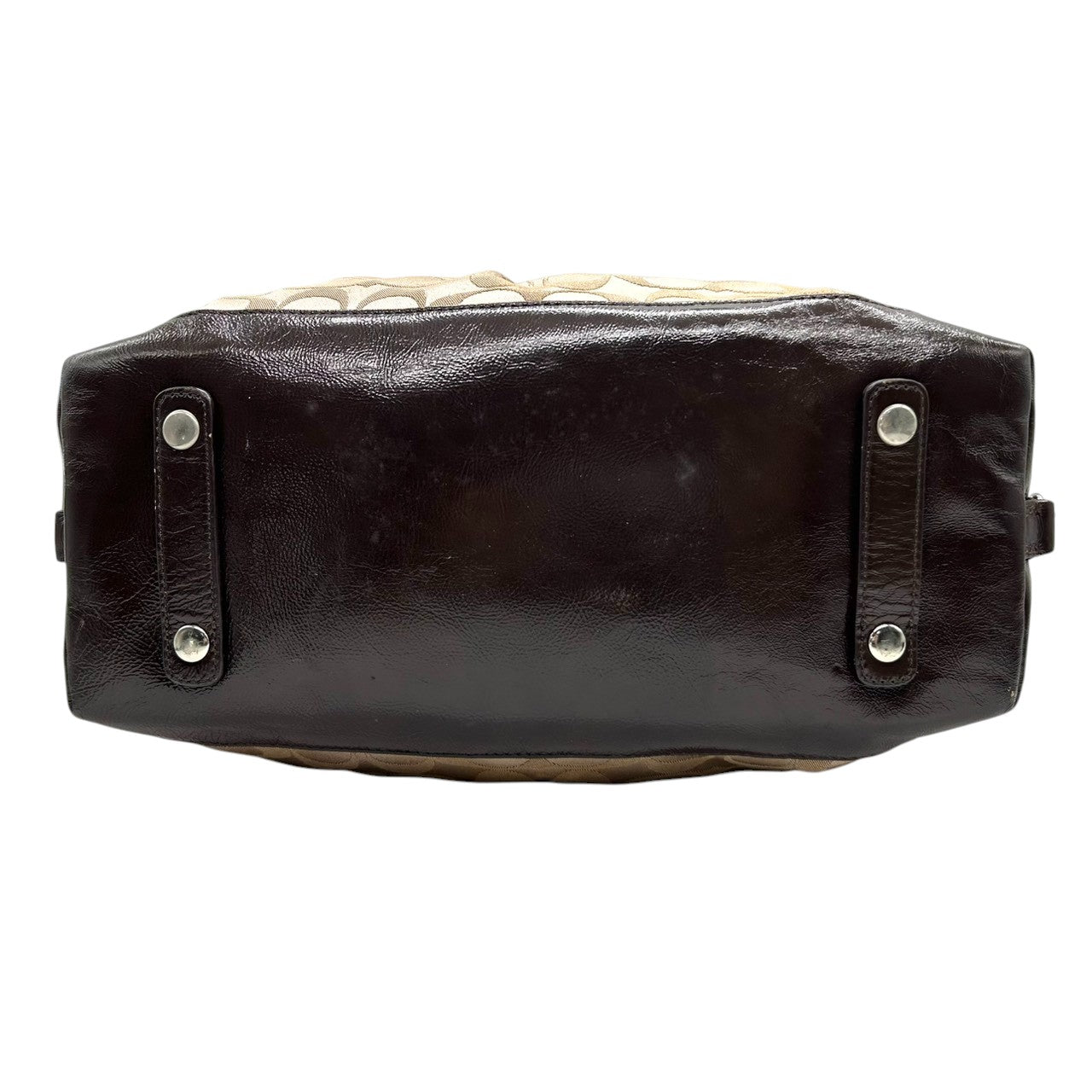 コーチ 2WAY ハンドバッグ F15443 シグネチャー ナイロン パテントレザー ブラウン ミニボストン ショルダーバッグ レディース チャーム付き エレガント クラシックデザイン コンパクトモデル クリーニング済み s26