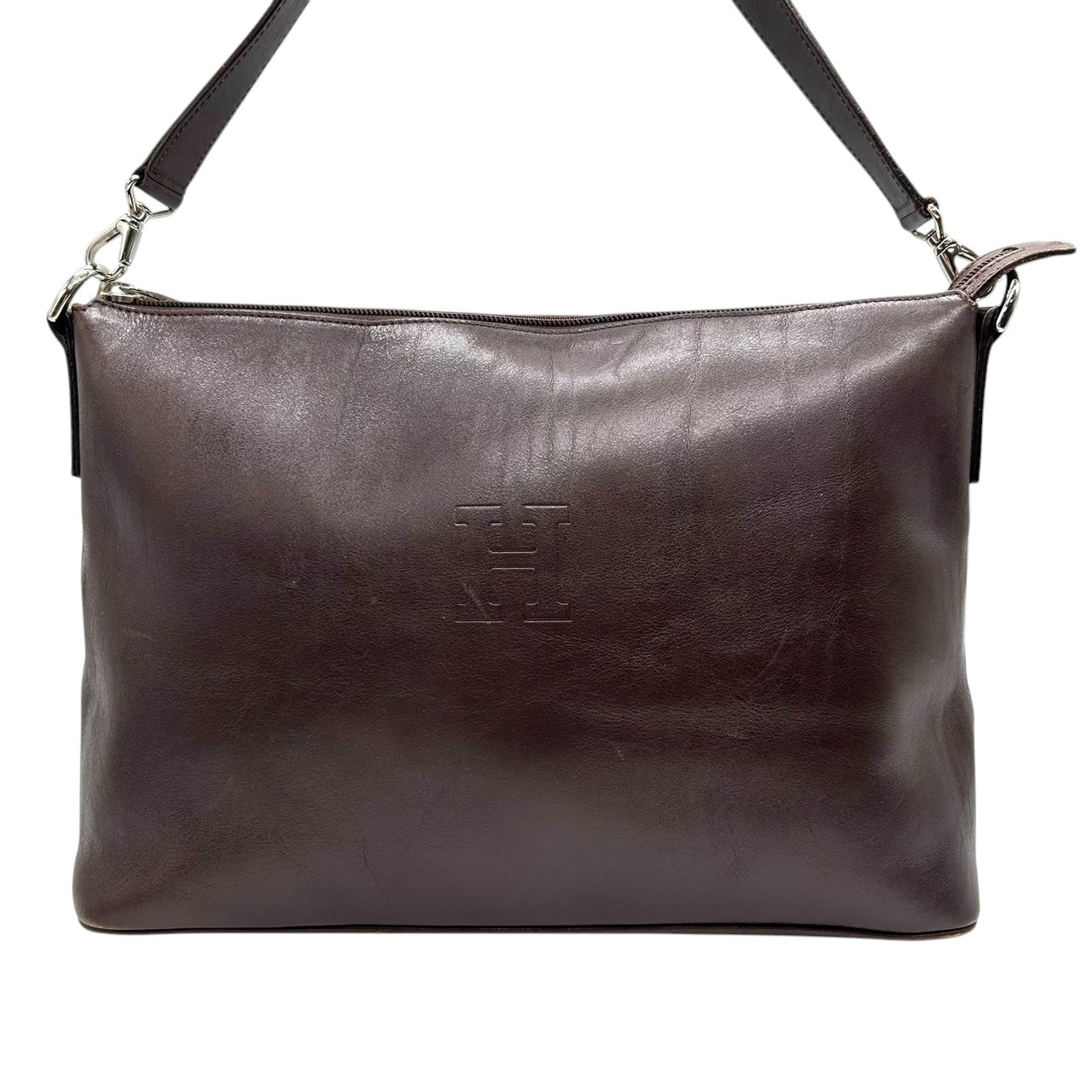 ヒロフ ショルダーバッグ Hロゴ レザー 本革 ダークブラウン ハンドバッグ A4収納可 レディース ビジネス 通勤 フォーマル 大容量 デイリーユース シンプル エレガント イタリア製 上質レザー クリーニング済み 自立可 s44