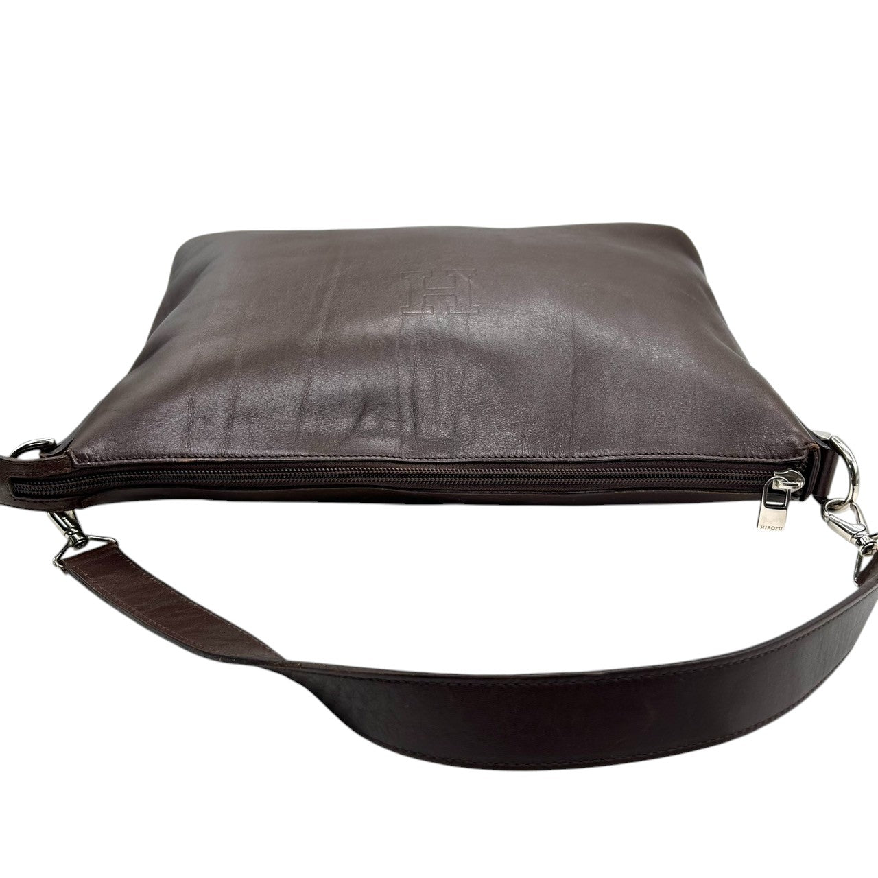 ヒロフ ショルダーバッグ Hロゴ レザー 本革 ダークブラウン ハンドバッグ A4収納可 レディース ビジネス 通勤 フォーマル 大容量 デイリーユース シンプル エレガント イタリア製 上質レザー クリーニング済み 自立可 s44