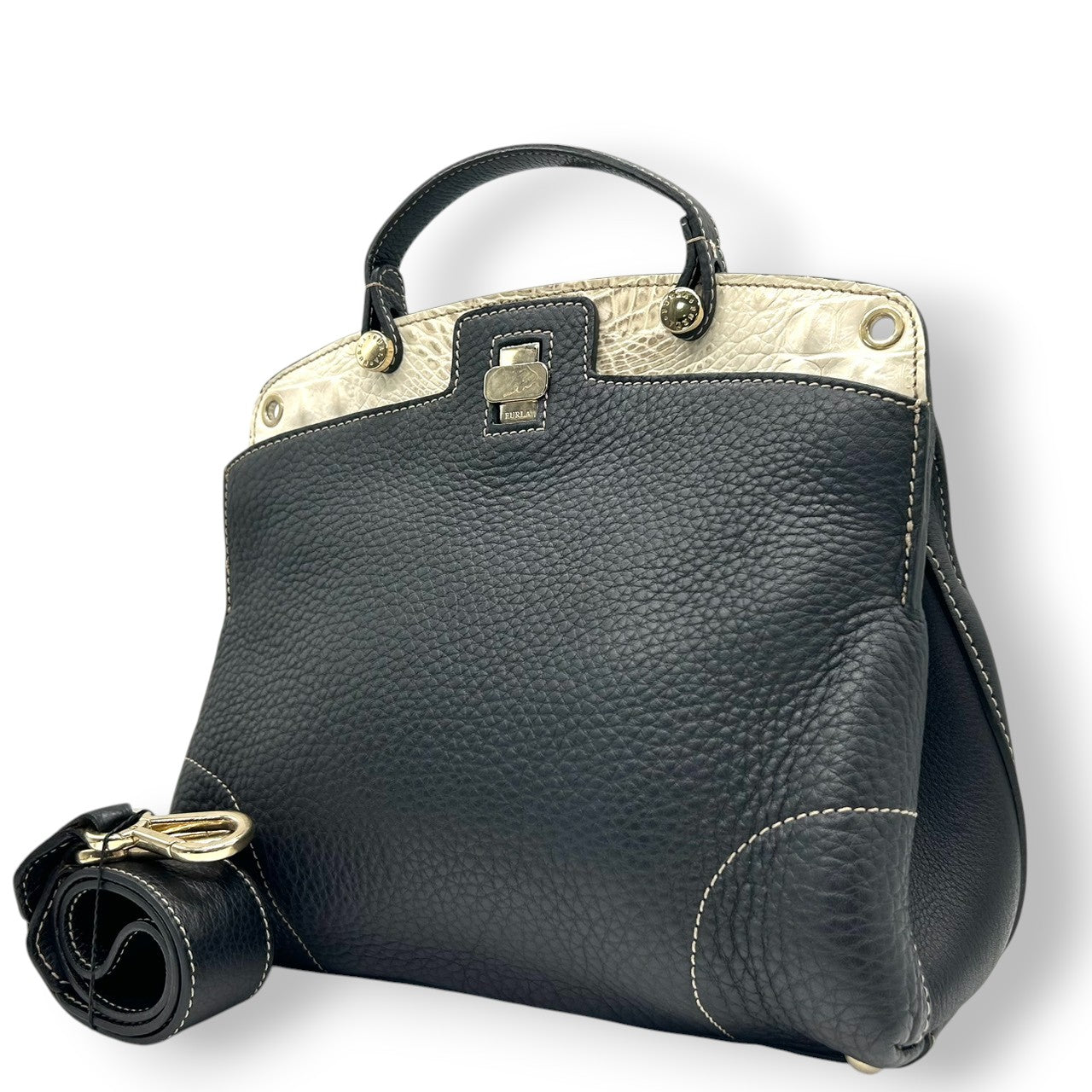 フルラ 2WAY ハンドバッグ ショルダーバッグ レザー 型押しレザー ブラック ホワイト バイカラー ターンロック レディース エレガント フォーマル イタリア製 上品 高級感 通勤 お出かけ クリーニング済み 自立可 s40