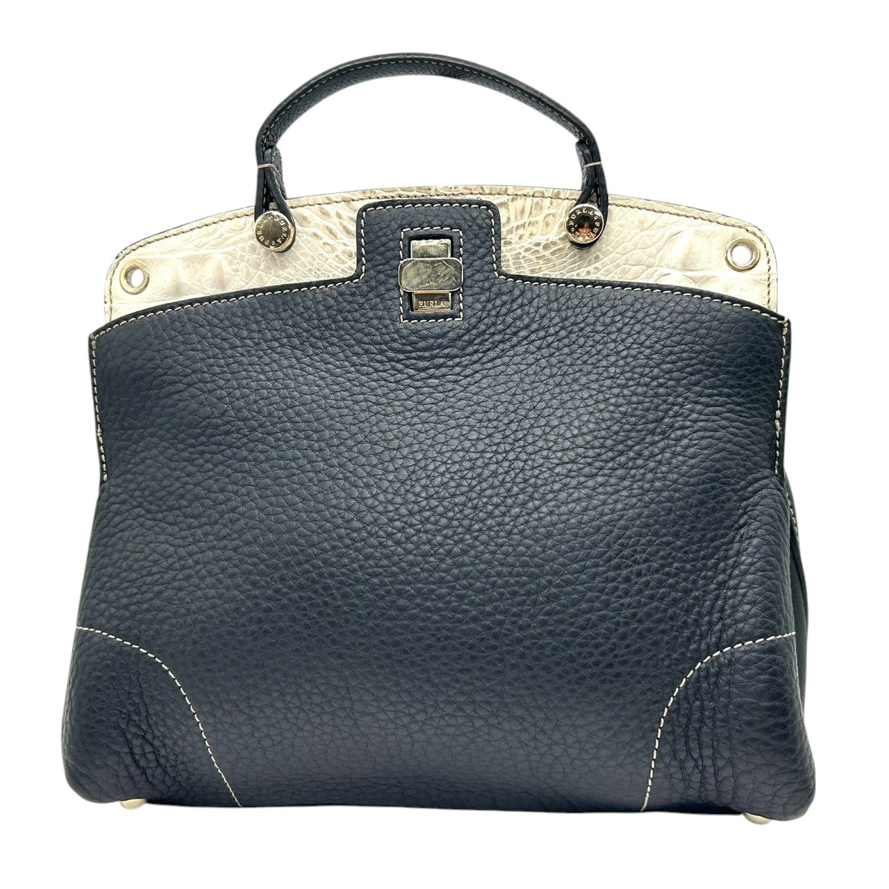 フルラ 2WAY ハンドバッグ ショルダーバッグ レザー 型押しレザー ブラック ホワイト バイカラー ターンロック レディース エレガント フォーマル イタリア製 上品 高級感 通勤 お出かけ クリーニング済み 自立可 s40