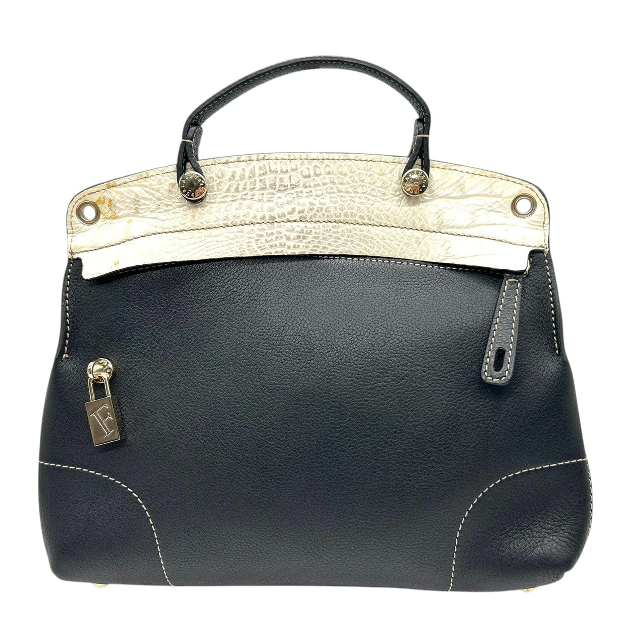 フルラ 2WAY ハンドバッグ ショルダーバッグ レザー 型押しレザー ブラック ホワイト バイカラー ターンロック レディース エレガント フォーマル イタリア製 上品 高級感 通勤 お出かけ クリーニング済み 自立可 s40