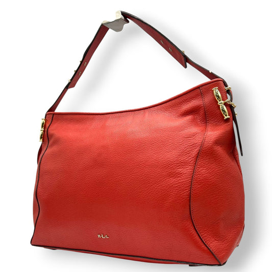 【美品】ローレンラルフローレン ハンドバッグ レザー 本革 レッド ワンショルダー A4収納可 大容量 ホーボーバッグ 肩掛け RLLロゴ レディース エレガント カジュアル シボ革 ゴールド金具 クリーニング済み s86