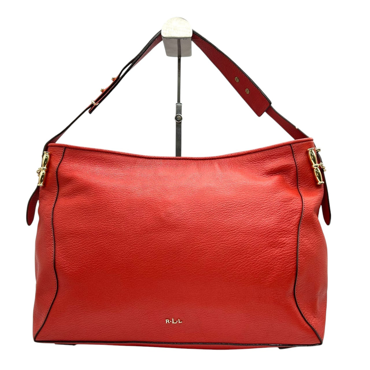 【美品】ローレンラルフローレン ハンドバッグ レザー 本革 レッド ワンショルダー A4収納可 大容量 ホーボーバッグ 肩掛け RLLロゴ レディース エレガント カジュアル シボ革 ゴールド金具 クリーニング済み s86