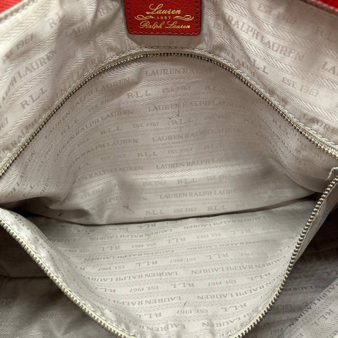 【美品】ローレンラルフローレン ハンドバッグ レザー 本革 レッド ワンショルダー A4収納可 大容量 ホーボーバッグ 肩掛け RLLロゴ レディース エレガント カジュアル シボ革 ゴールド金具 クリーニング済み s86