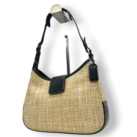 【美品】コーチ ハンドバッグ ストロー レザー 8159 かごバッグ ワンショルダー 肩掛け ベージュ ブラック 夏 サマー カジュアル レディース チャーム付き 希少モデル クラシックデザイン クリーニング済み s86