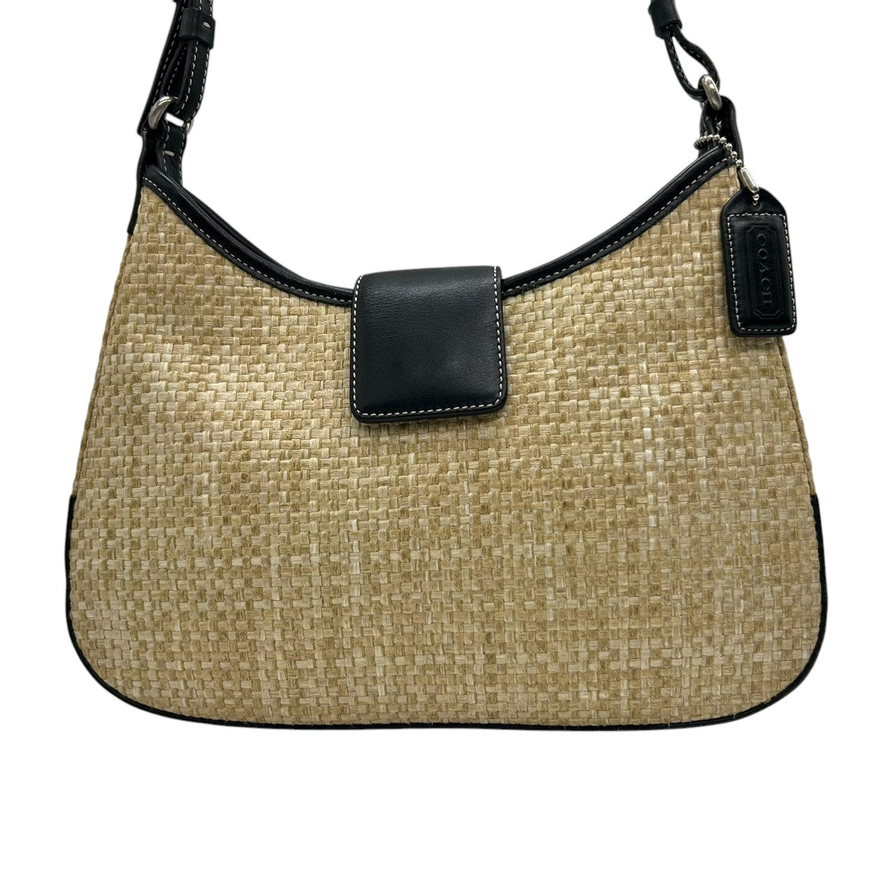 【美品】コーチ ハンドバッグ ストロー レザー 8159 かごバッグ ワンショルダー 肩掛け ベージュ ブラック 夏 サマー カジュアル レディース チャーム付き 希少モデル クラシックデザイン クリーニング済み s86