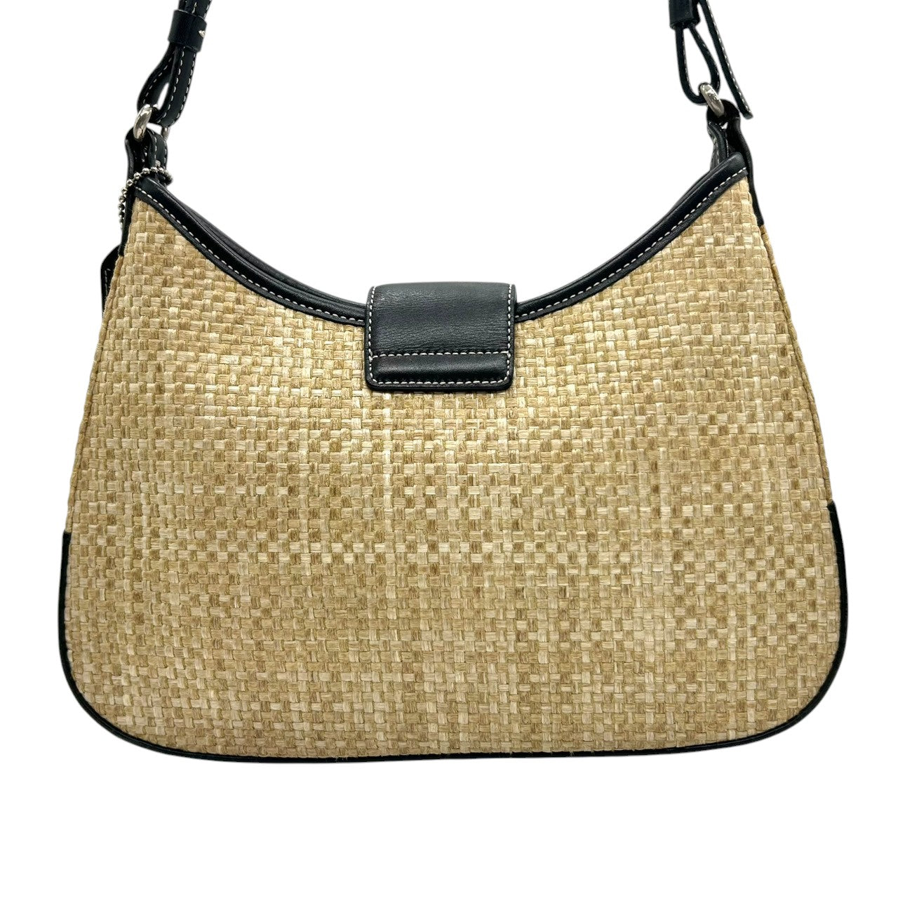 【美品】コーチ ハンドバッグ ストロー レザー 8159 かごバッグ ワンショルダー 肩掛け ベージュ ブラック 夏 サマー カジュアル レディース チャーム付き 希少モデル クラシックデザイン クリーニング済み s86