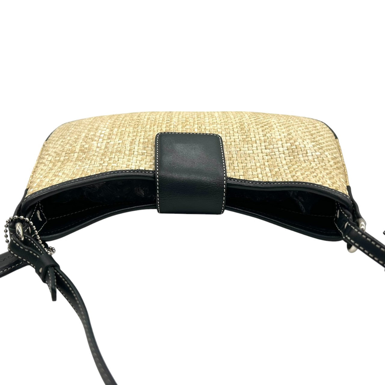 【美品】コーチ ハンドバッグ ストロー レザー 8159 かごバッグ ワンショルダー 肩掛け ベージュ ブラック 夏 サマー カジュアル レディース チャーム付き 希少モデル クラシックデザイン クリーニング済み s86