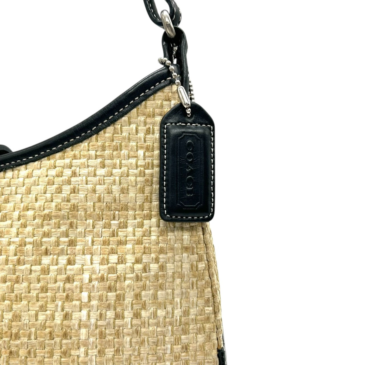 【美品】コーチ ハンドバッグ ストロー レザー 8159 かごバッグ ワンショルダー 肩掛け ベージュ ブラック 夏 サマー カジュアル レディース チャーム付き 希少モデル クラシックデザイン クリーニング済み s86