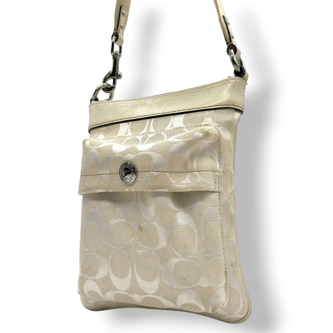 コーチ ショルダーバッグ シグネチャー キャンバス レザー 6442 アイボリー 斜め掛け可 ポシェット サコッシュ ミニショルダー コンパクト 軽量 レディース カジュアル シンプルデザイン クリーニング済み E2