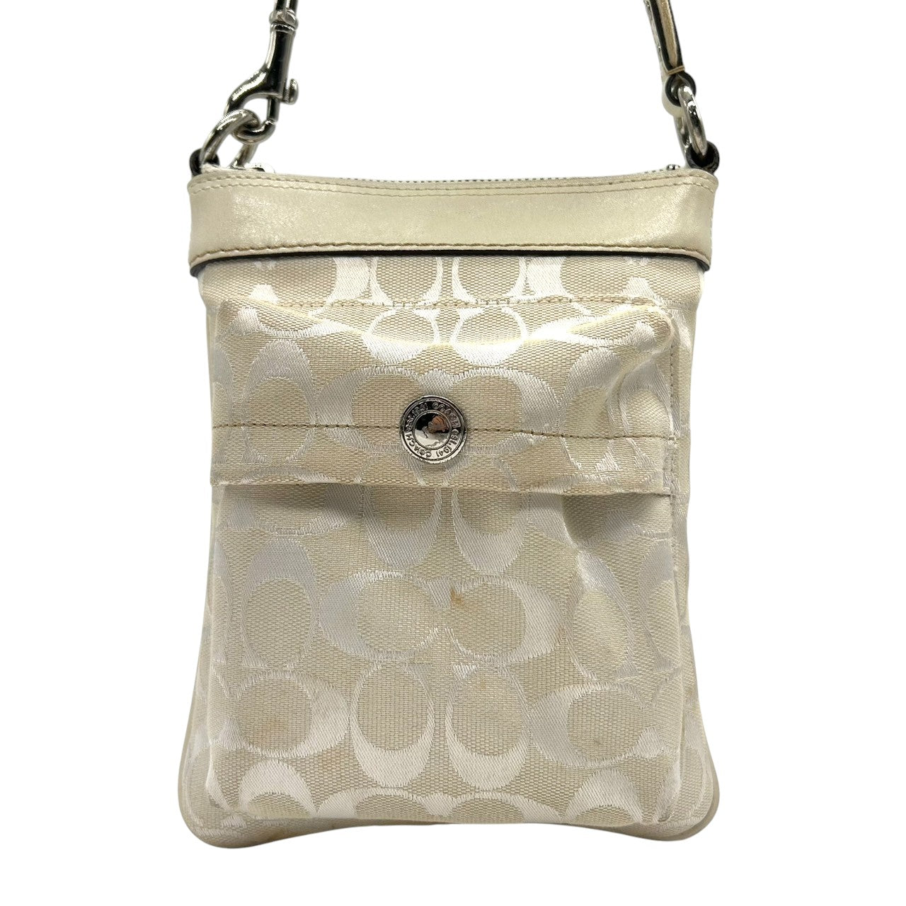 コーチ ショルダーバッグ シグネチャー キャンバス レザー 6442 アイボリー 斜め掛け可 ポシェット サコッシュ ミニショルダー コンパクト 軽量 レディース カジュアル シンプルデザイン クリーニング済み E2