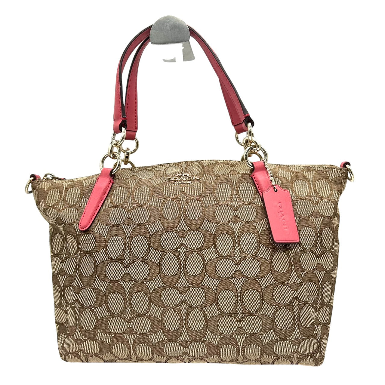 コーチ トートバッグ シグネチャー キャンバス レザー F58283 ブラウン ピンク 2WAY ハンドバッグ ショルダーバッグ 斜め掛け可 A4収納可 レディース 通勤 通学 チャーム付き フェミニン エレガント クリーニング済み E2
