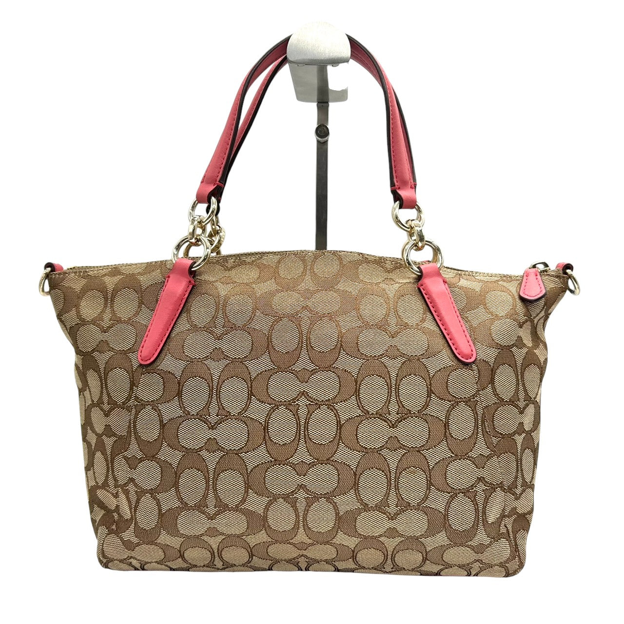 コーチ トートバッグ シグネチャー キャンバス レザー F58283 ブラウン ピンク 2WAY ハンドバッグ ショルダーバッグ 斜め掛け可 A4収納可 レディース 通勤 通学 チャーム付き フェミニン エレガント クリーニング済み E2