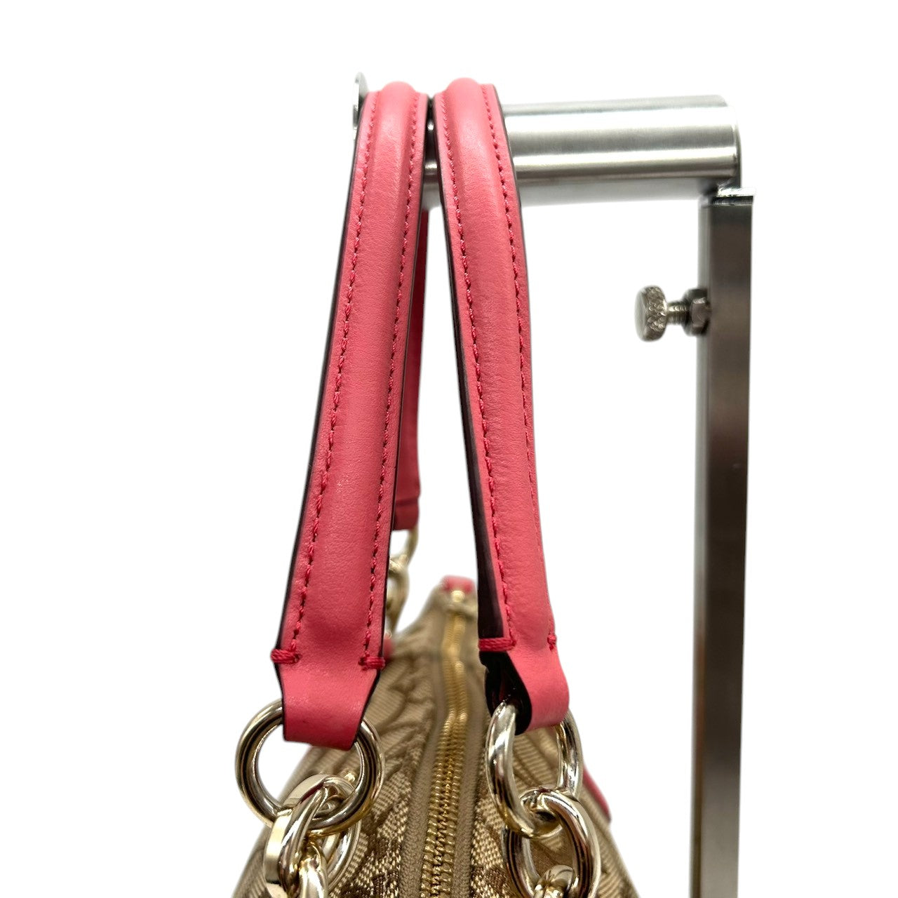 コーチ トートバッグ シグネチャー キャンバス レザー F58283 ブラウン ピンク 2WAY ハンドバッグ ショルダーバッグ 斜め掛け可 A4収納可 レディース 通勤 通学 チャーム付き フェミニン エレガント クリーニング済み E2