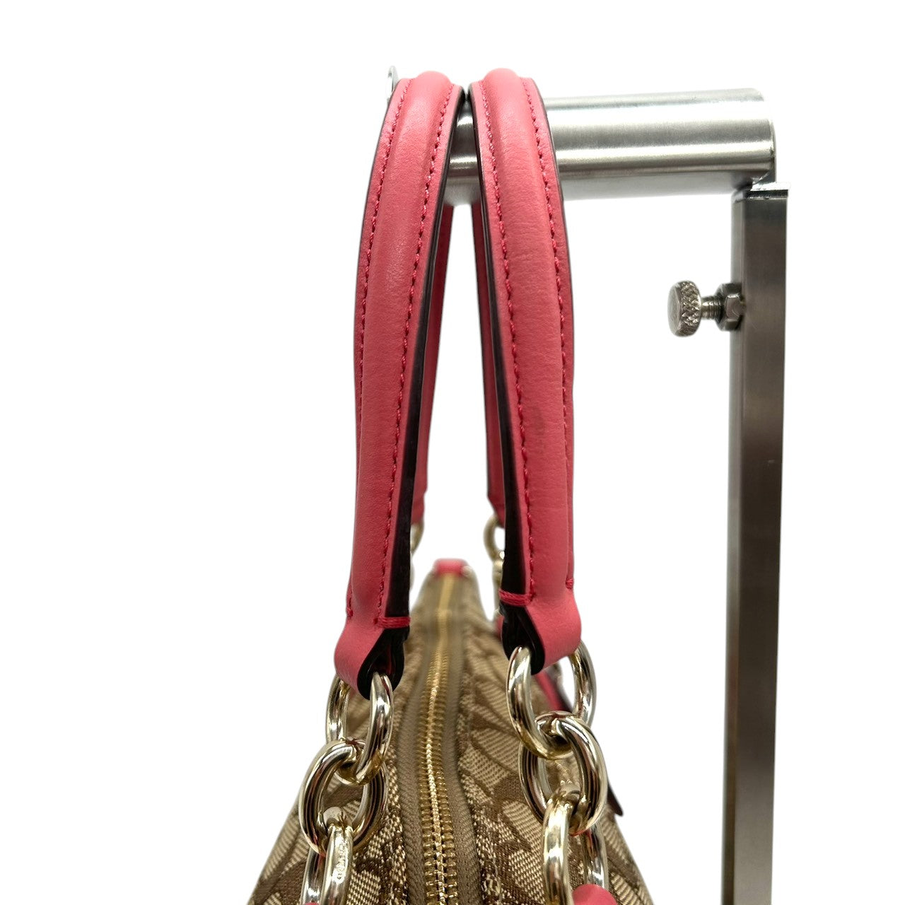 コーチ トートバッグ シグネチャー キャンバス レザー F58283 ブラウン ピンク 2WAY ハンドバッグ ショルダーバッグ 斜め掛け可 A4収納可 レディース 通勤 通学 チャーム付き フェミニン エレガント クリーニング済み E2