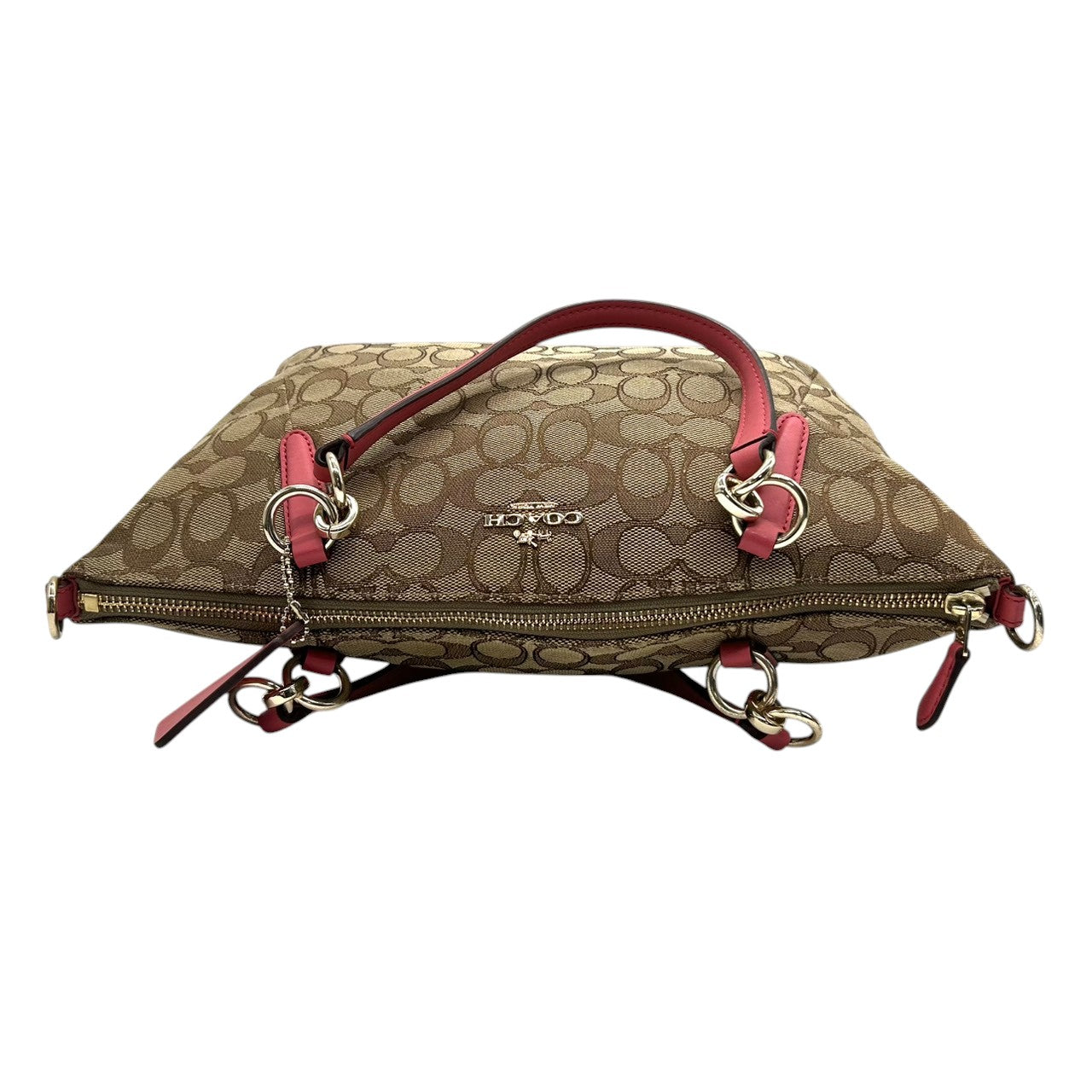 コーチ トートバッグ シグネチャー キャンバス レザー F58283 ブラウン ピンク 2WAY ハンドバッグ ショルダーバッグ 斜め掛け可 A4収納可 レディース 通勤 通学 チャーム付き フェミニン エレガント クリーニング済み E2