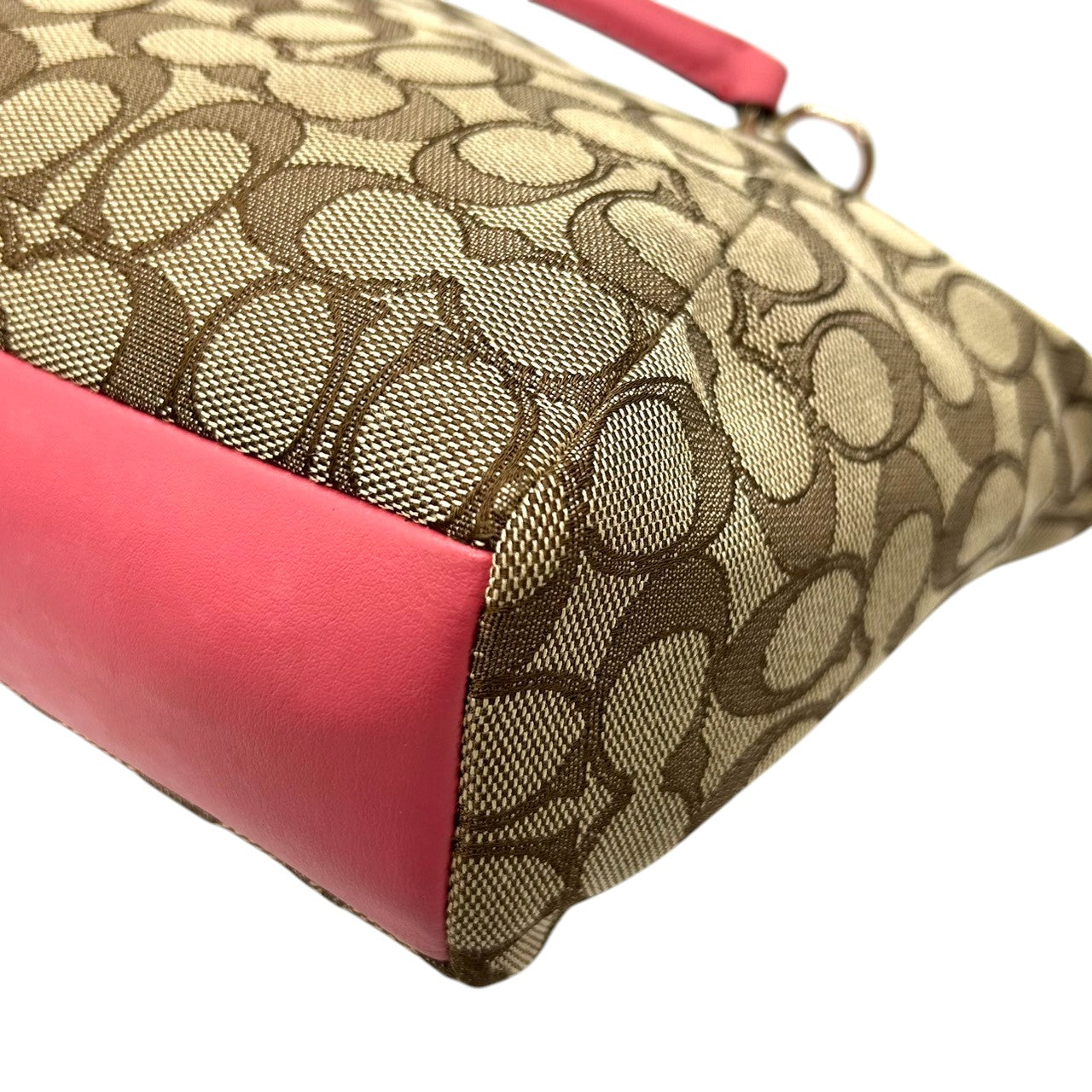 コーチ トートバッグ シグネチャー キャンバス レザー F58283 ブラウン ピンク 2WAY ハンドバッグ ショルダーバッグ 斜め掛け可 A4収納可 レディース 通勤 通学 チャーム付き フェミニン エレガント クリーニング済み E2