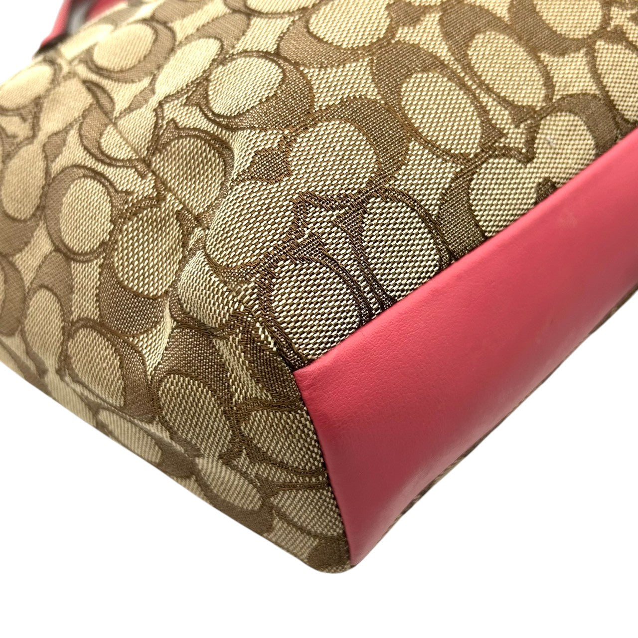 コーチ トートバッグ シグネチャー キャンバス レザー F58283 ブラウン ピンク 2WAY ハンドバッグ ショルダーバッグ 斜め掛け可 A4収納可 レディース 通勤 通学 チャーム付き フェミニン エレガント クリーニング済み E2