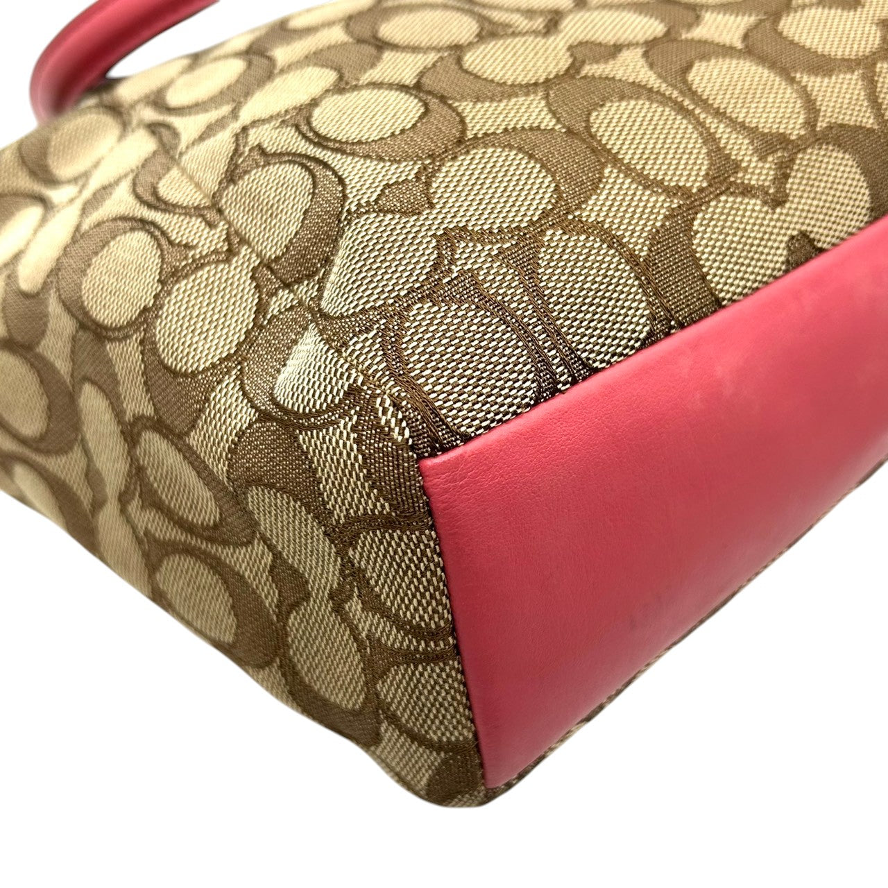 コーチ トートバッグ シグネチャー キャンバス レザー F58283 ブラウン ピンク 2WAY ハンドバッグ ショルダーバッグ 斜め掛け可 A4収納可 レディース 通勤 通学 チャーム付き フェミニン エレガント クリーニング済み E2