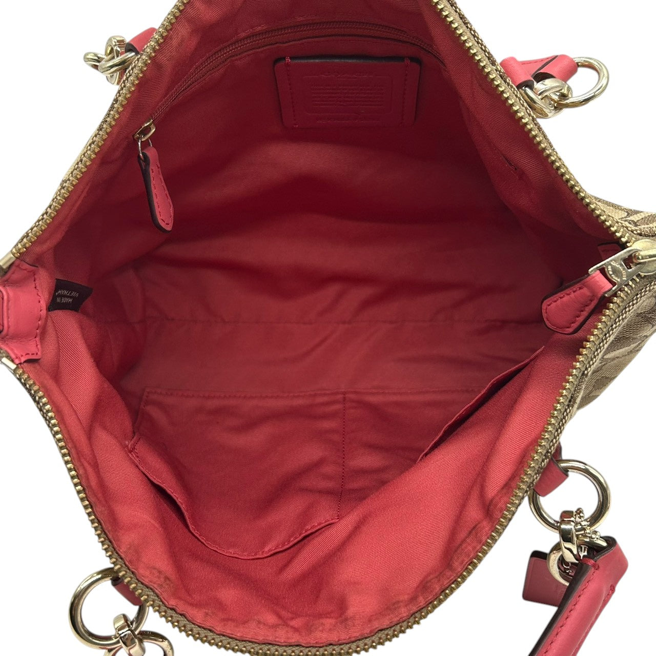 コーチ トートバッグ シグネチャー キャンバス レザー F58283 ブラウン ピンク 2WAY ハンドバッグ ショルダーバッグ 斜め掛け可 A4収納可 レディース 通勤 通学 チャーム付き フェミニン エレガント クリーニング済み E2