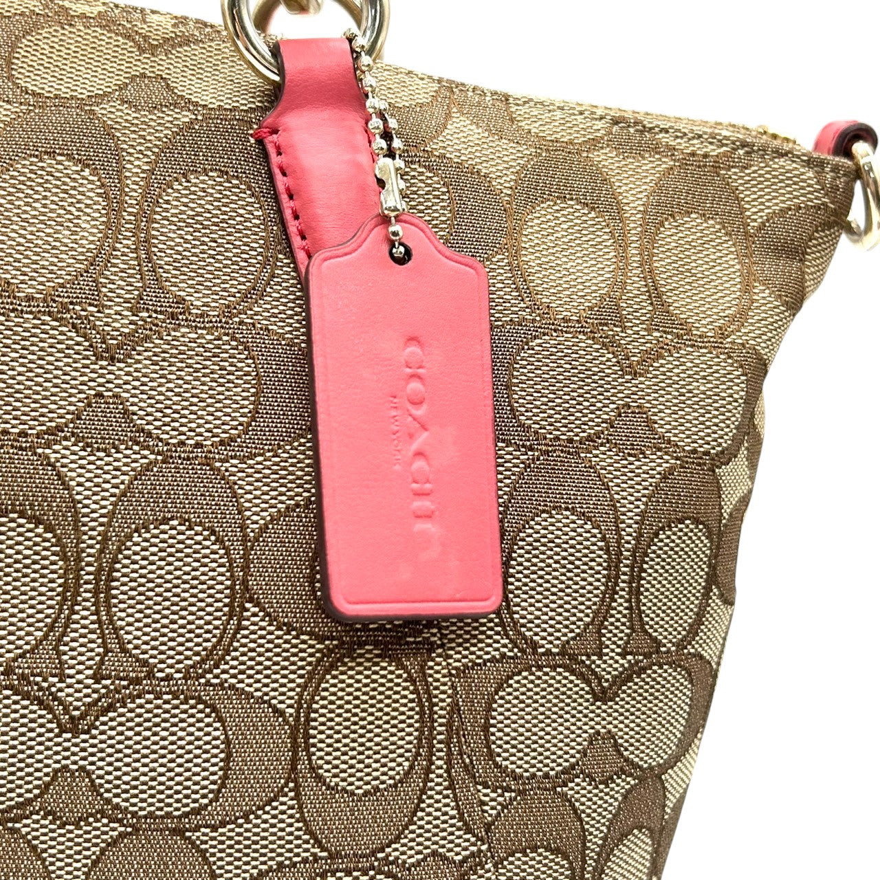 コーチ トートバッグ シグネチャー キャンバス レザー F58283 ブラウン ピンク 2WAY ハンドバッグ ショルダーバッグ 斜め掛け可 A4収納可 レディース 通勤 通学 チャーム付き フェミニン エレガント クリーニング済み E2