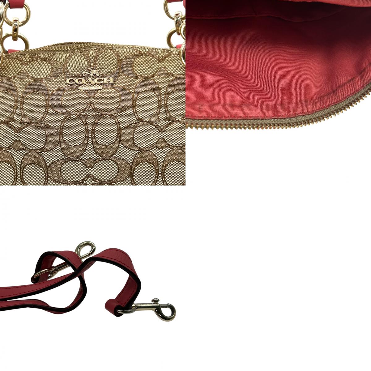 コーチ トートバッグ シグネチャー キャンバス レザー F58283 ブラウン ピンク 2WAY ハンドバッグ ショルダーバッグ 斜め掛け可 A4収納可 レディース 通勤 通学 チャーム付き フェミニン エレガント クリーニング済み E2