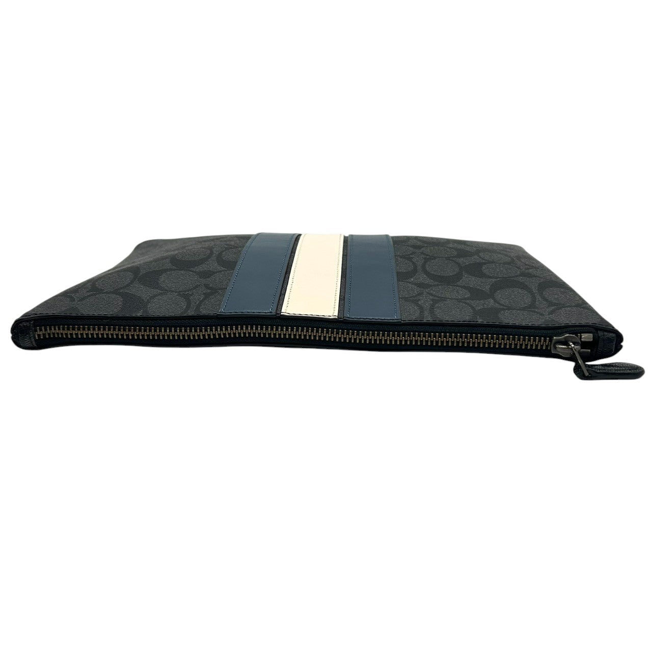 【美品】コーチ クラッチバッグ F25071 シグネチャー ストライプ PVC レザー ブラック ブルー セカンドバッグ A4収納可 薄型 メンズ レディース ユニセックス ビジネス カジュアル バッグインバッグ クリーニング済み U4